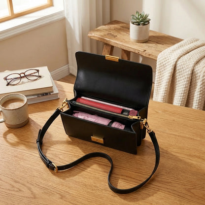 Black leather crossbody bag on a wooden table with a cup of coffee, glasses, and books in the background.
