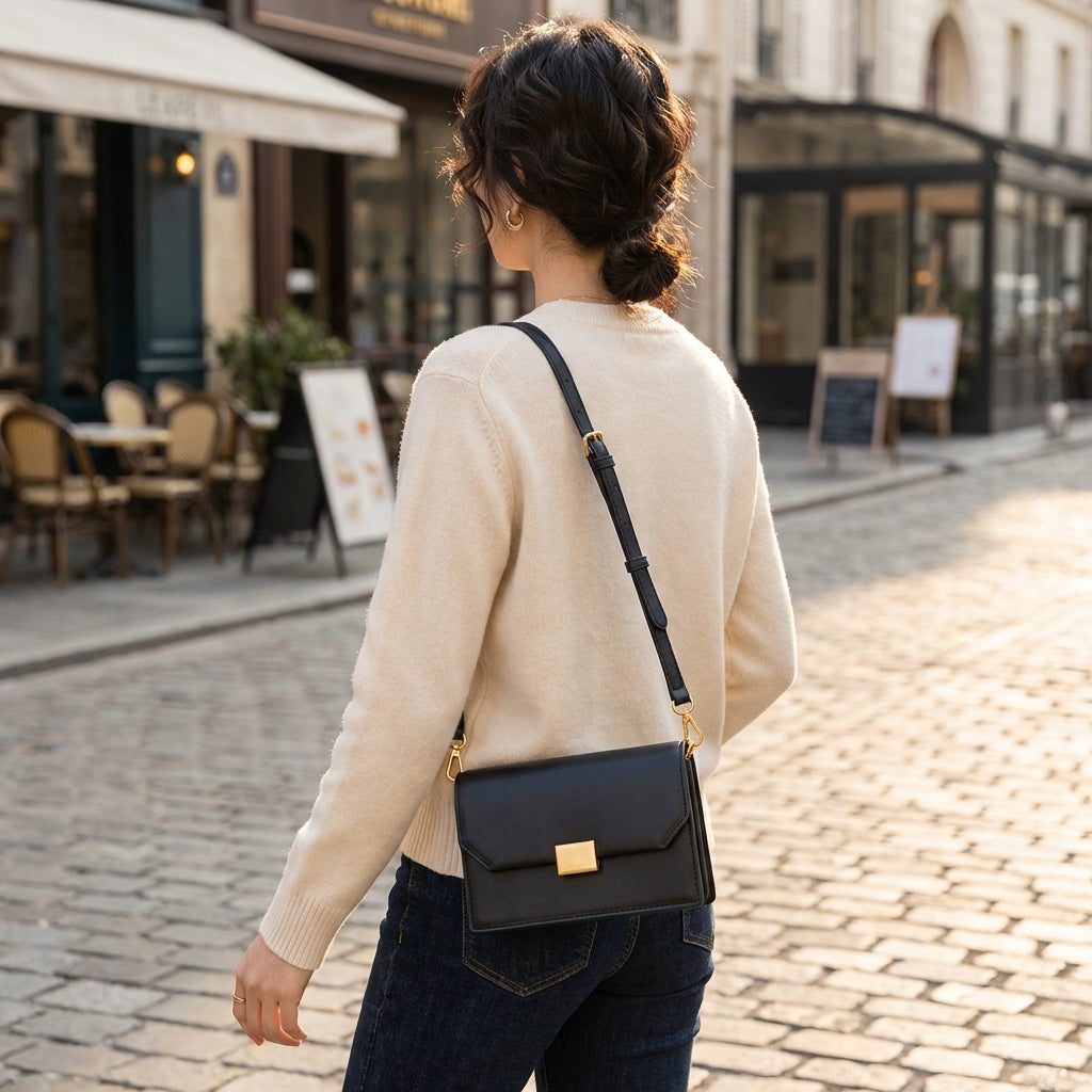 Woman walking on a cobblestone street with a black leather crossbody purse