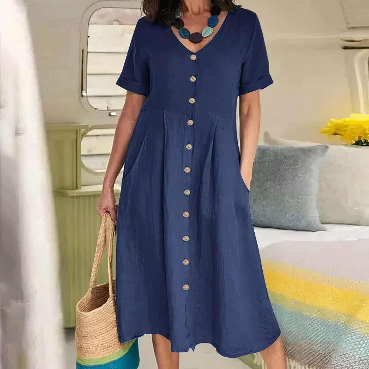 Woman wearing a blue dress holding a straw bag in an indoor setting.