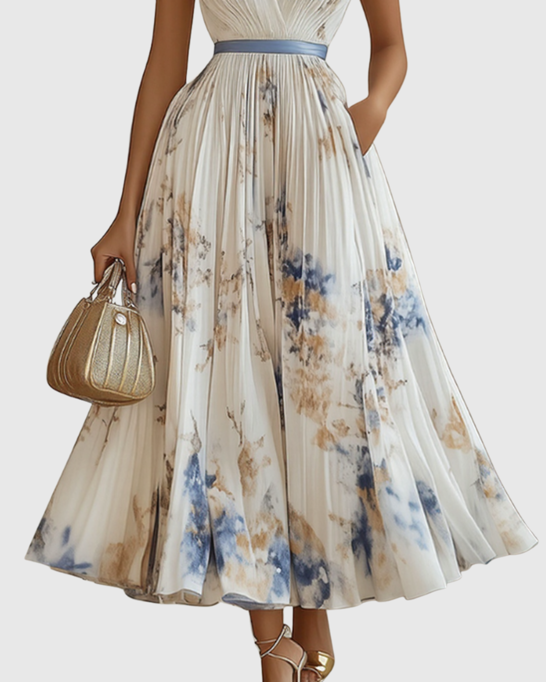 Woman wearing a floral dress holding a handbag on a white background