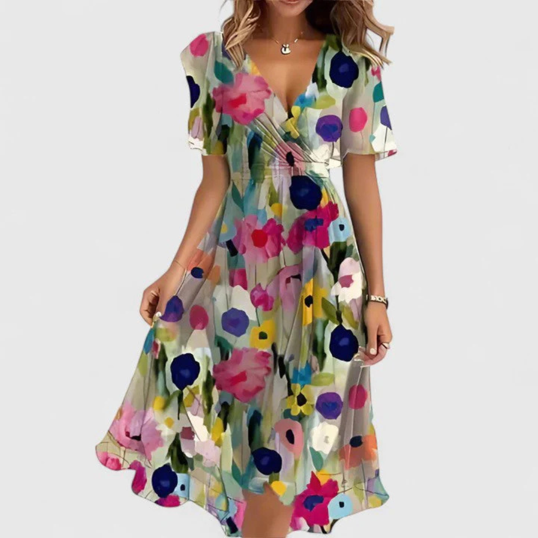 Woman wearing a colorful floral dress on a white background