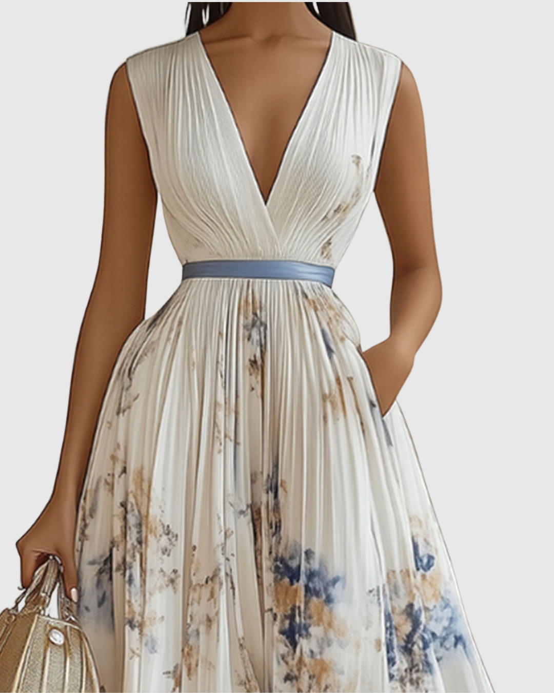 Woman wearing a floral dress with a blue belt on a white background