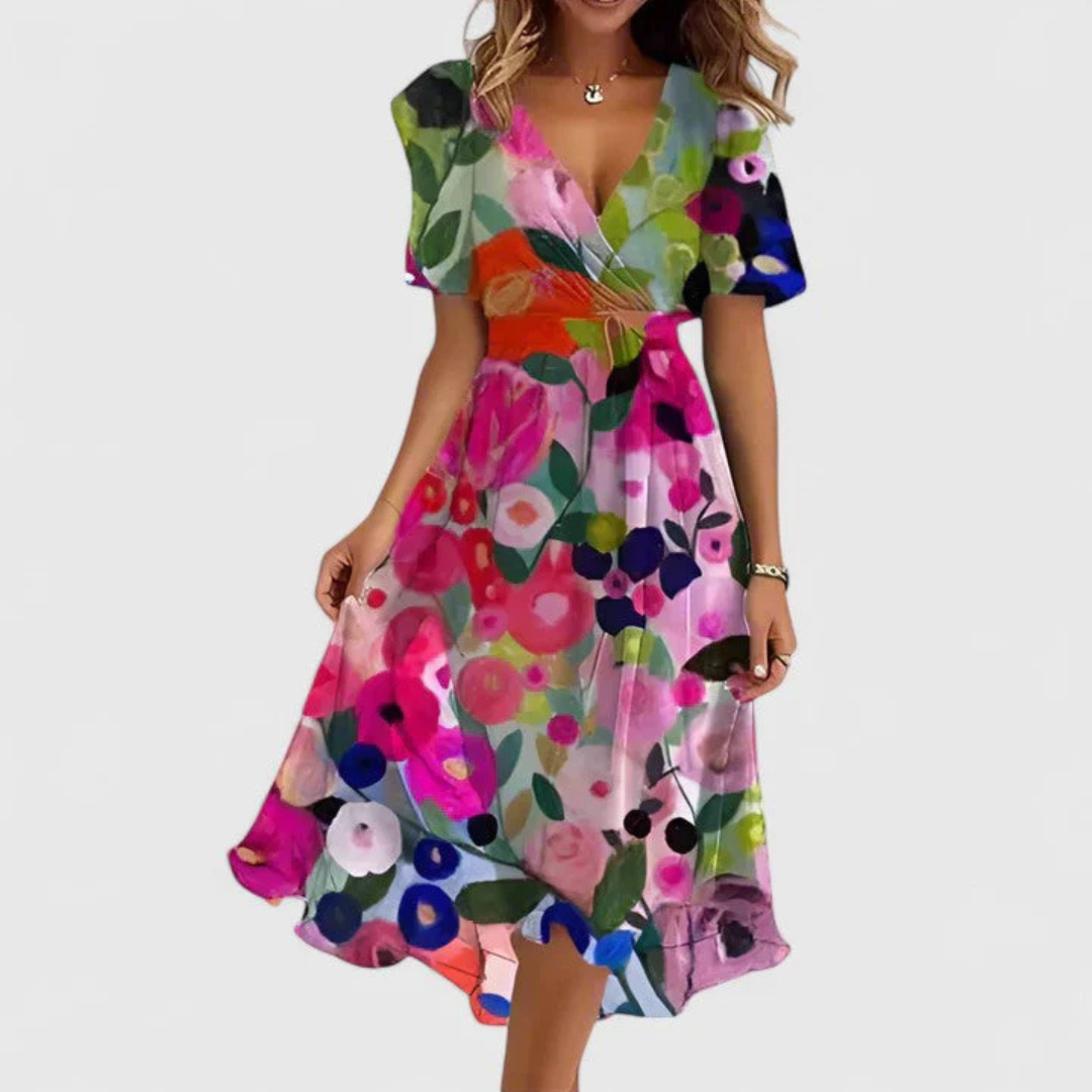 Woman wearing a colorful floral dress on a white background
