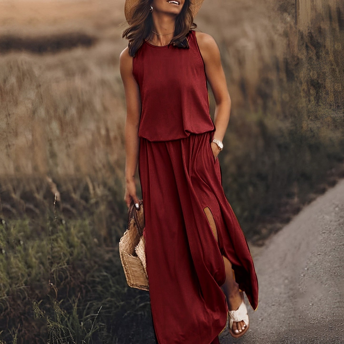 Woman in a red dress walking along a path in a natural setting