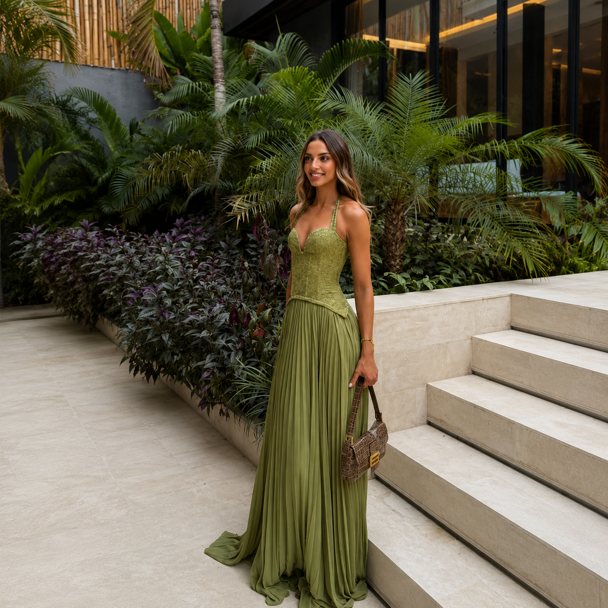 Woman in a green dress standing outdoors with plants and steps in the background