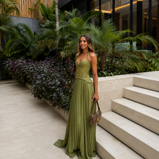 Woman in a green dress standing outdoors with plants and steps in the background