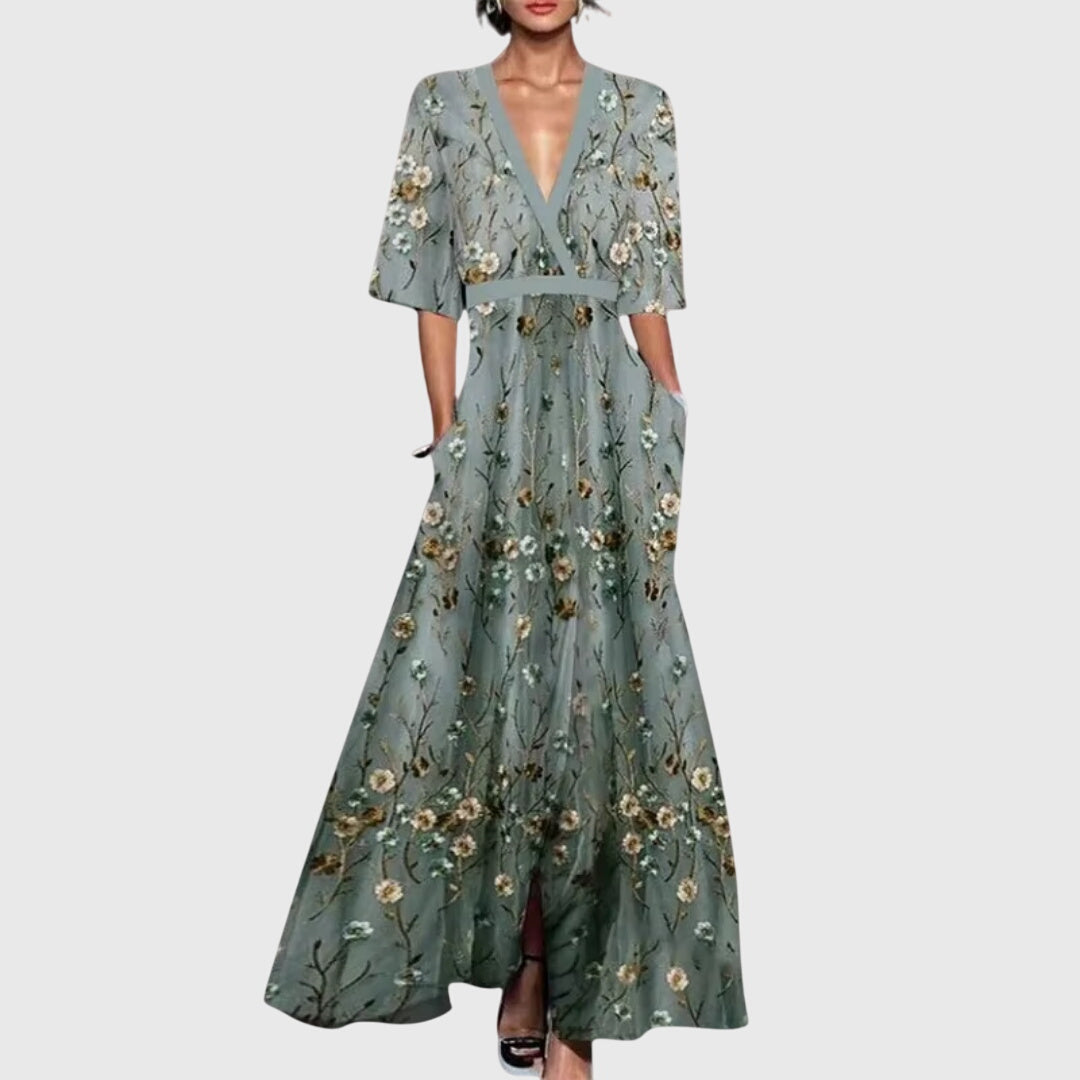 Woman wearing a floral dress on a white background