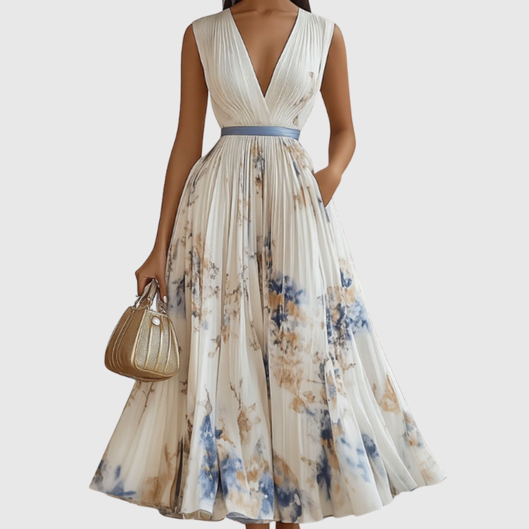 Woman wearing a floral dress with a plain background