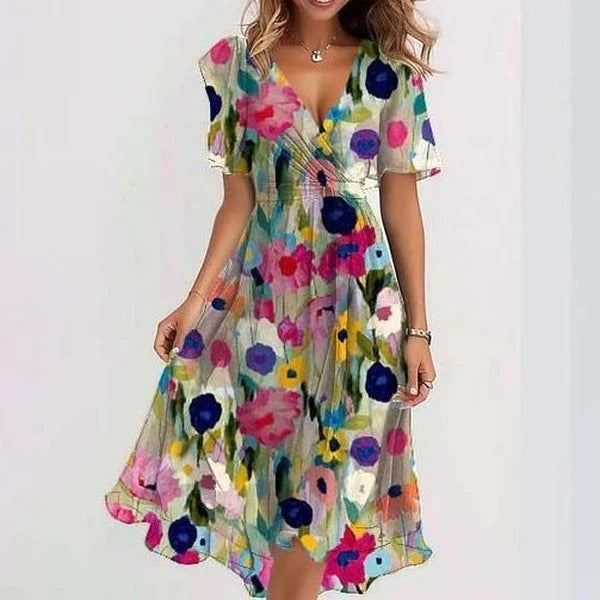 Colorful floral dress worn by a person on a white background