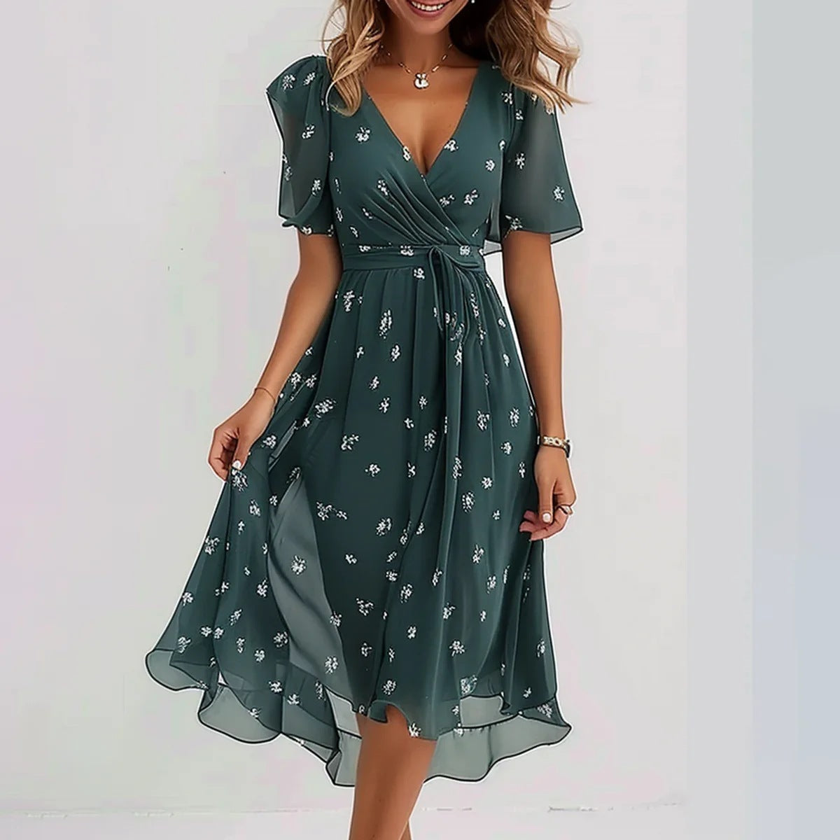 Green floral dress worn by a model on a white background