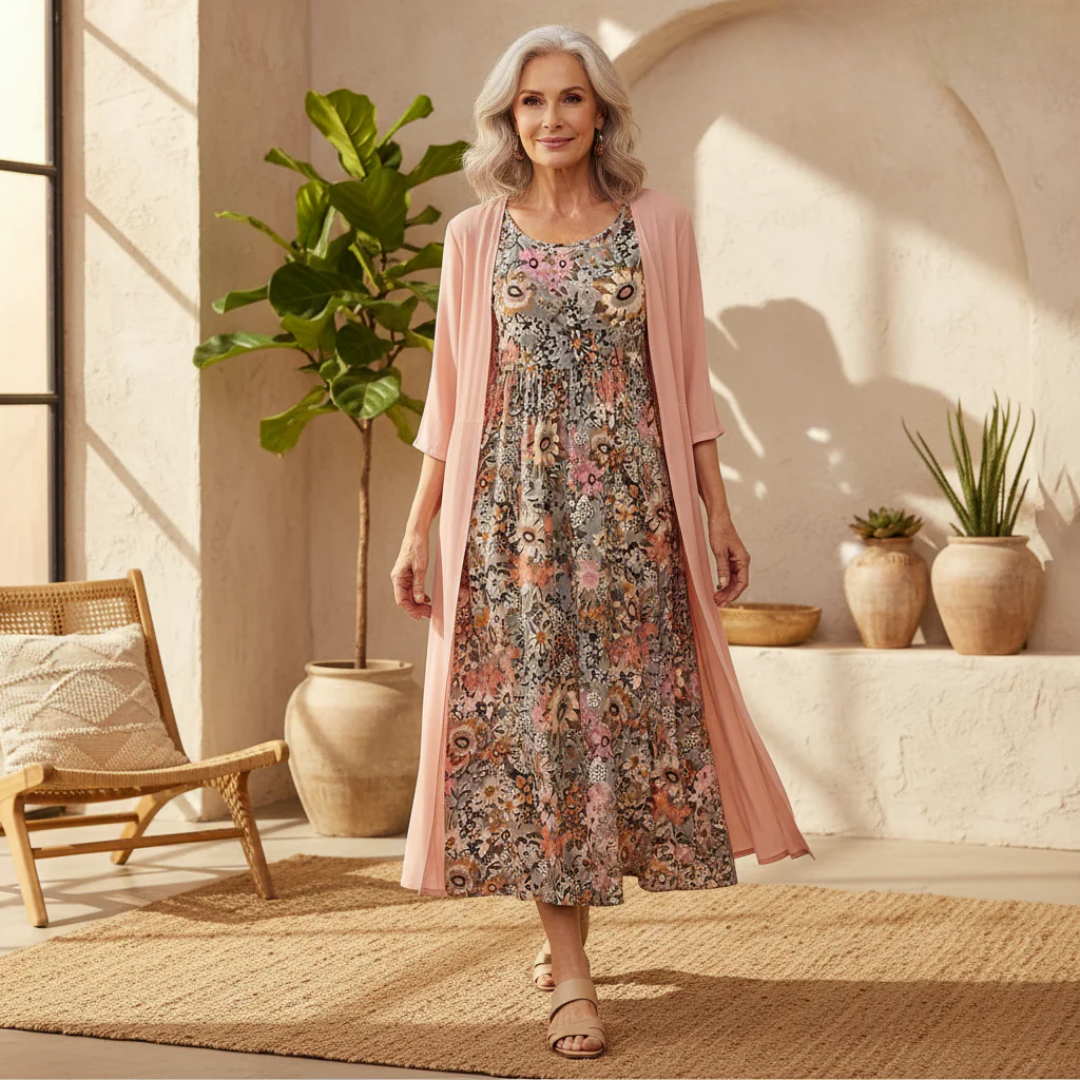 Woman in a floral dress and pink cardigan standing in a sunlit room with plants and a chair.