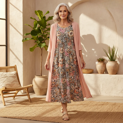 Woman in a floral dress and pink cardigan standing in a sunlit room with plants and a chair.