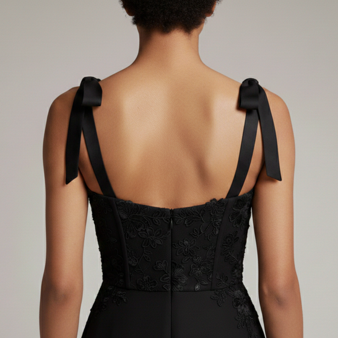Black lace dress with ribbon straps on a neutral background
