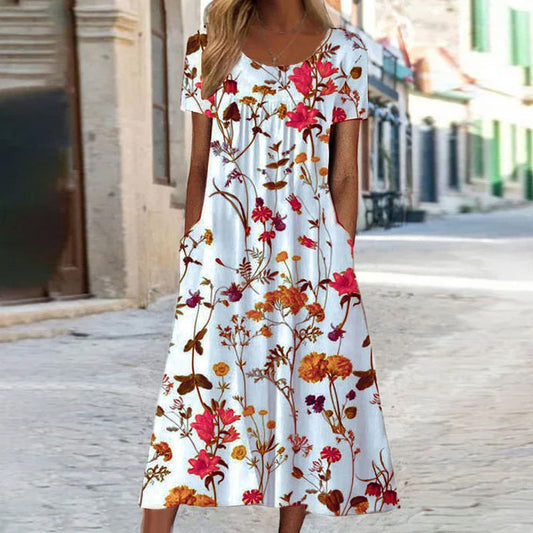Woman wearing a floral dress on a street