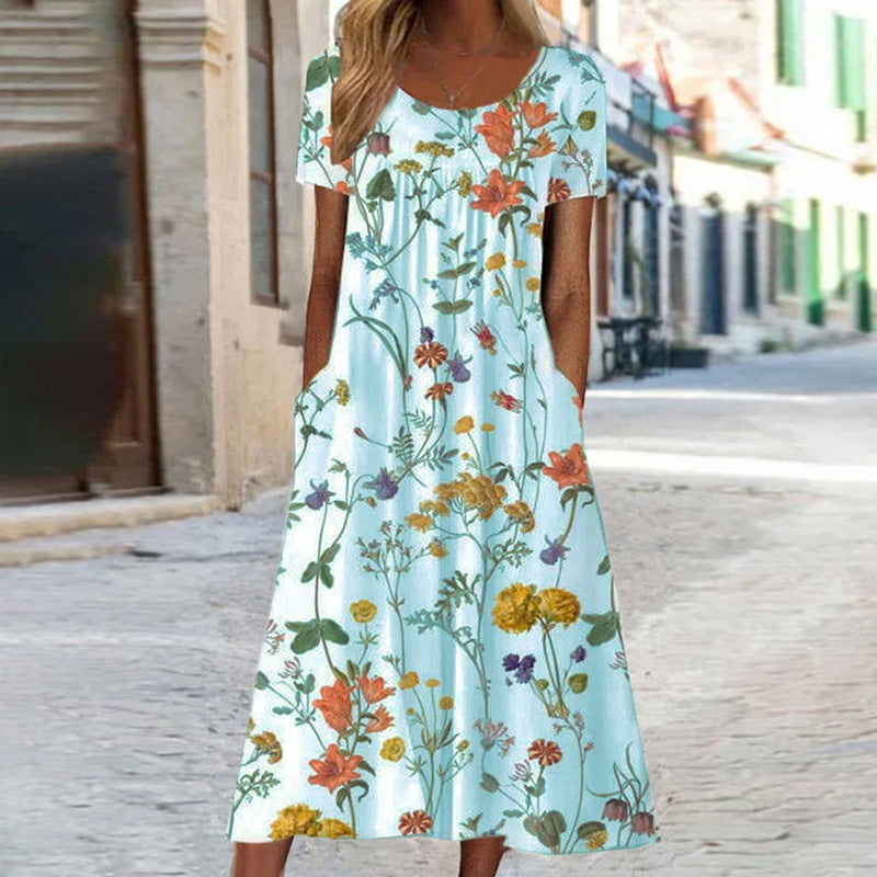 Woman wearing a floral dress on a street