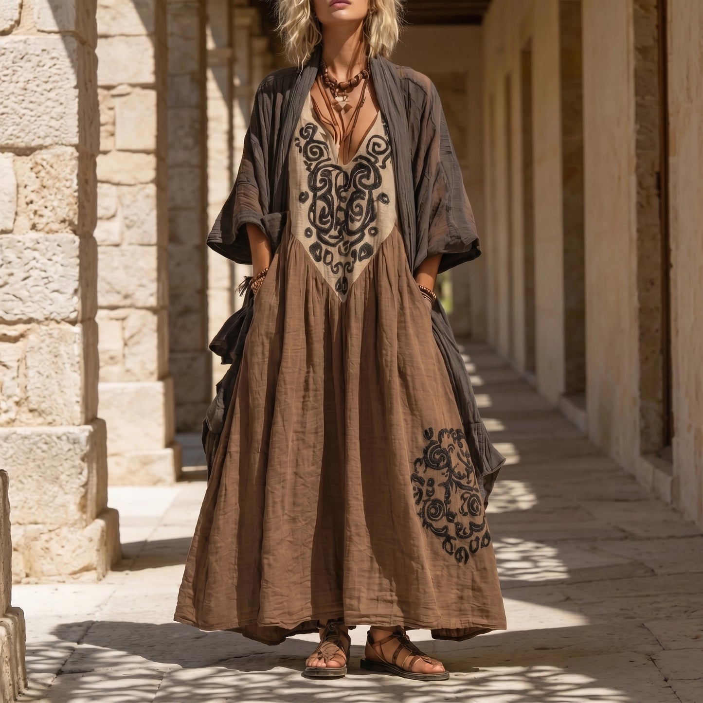 Woman wearing a long, embroidered brown dress in a sunlit stone corridor.