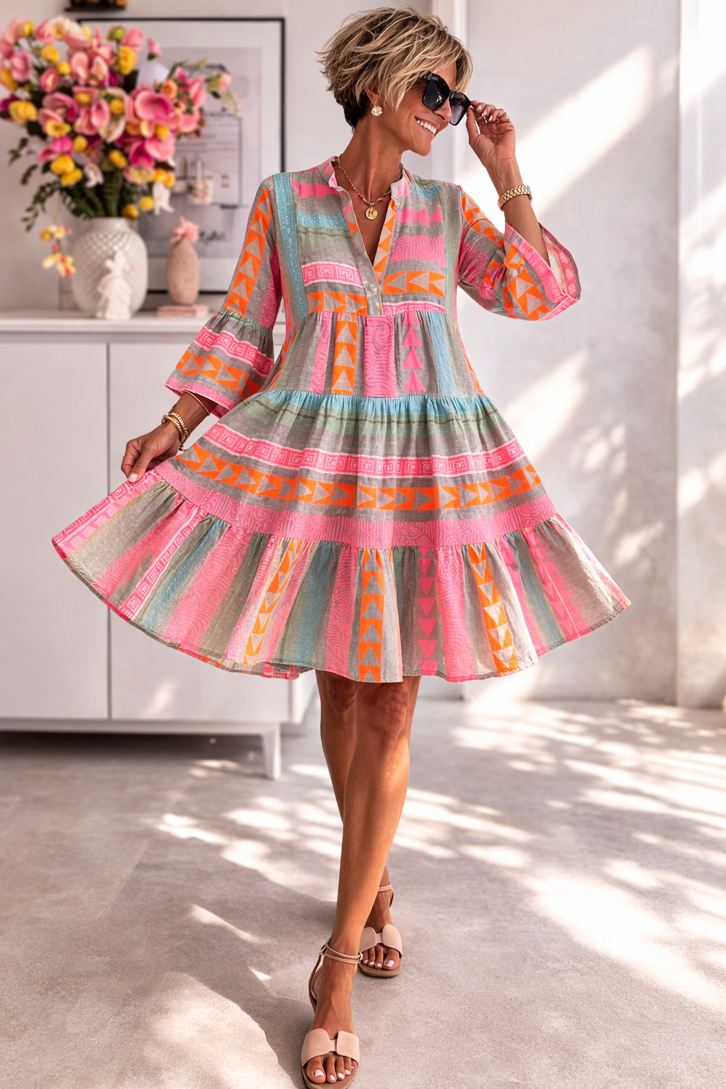 Woman wearing a colorful patterned dress in a bright room with flowers in the background