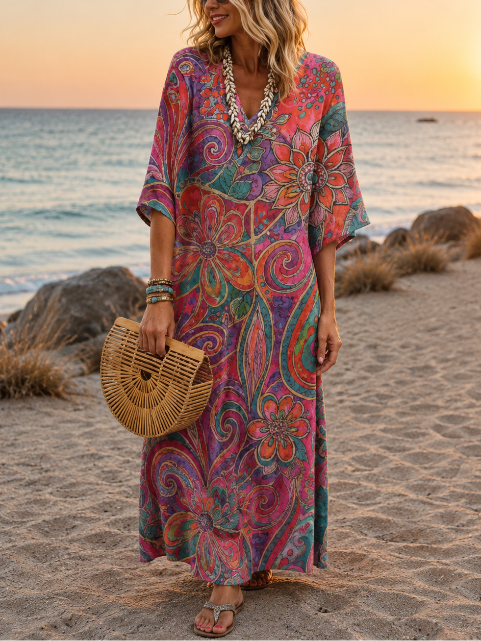 Vintage Boho V-Neck Beach Maxi Dress for Women