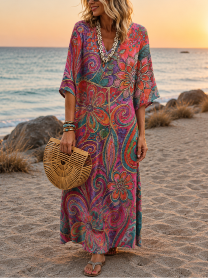 Vintage Boho V-Neck Beach Maxi Dress for Women