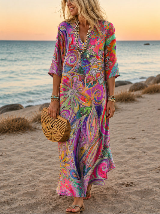 Vintage Boho V-Neck Beach Maxi Dress for Women