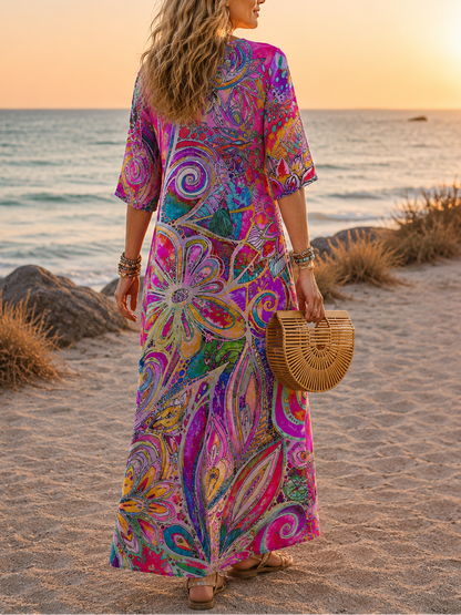 Vintage Boho V-Neck Beach Maxi Dress for Women