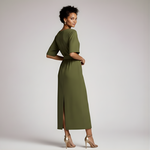 Woman wearing a green dress with a plain background