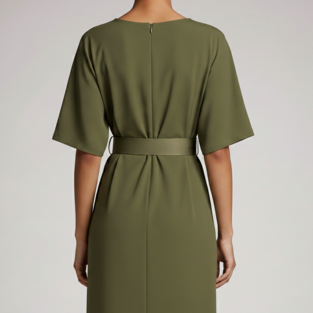 Green dress with a belt on a plain background