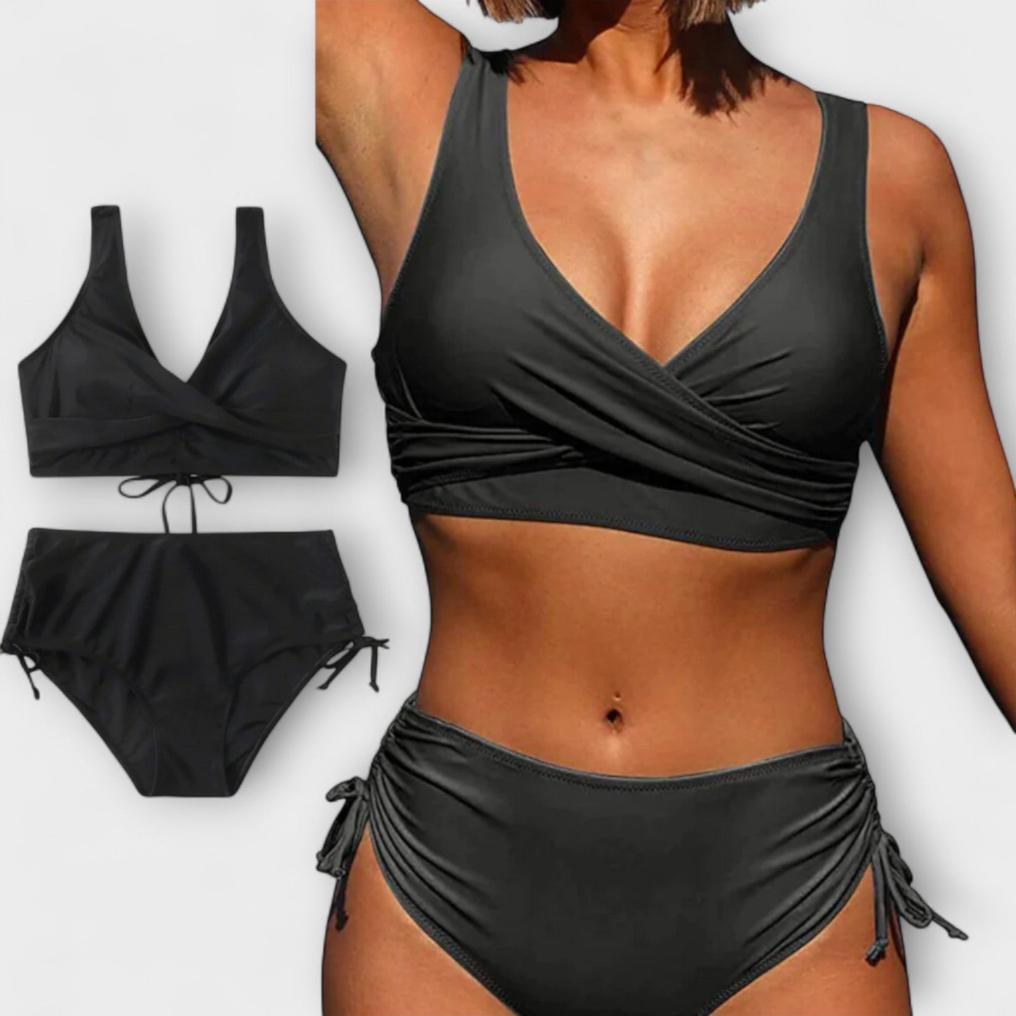 Black bikini set with top and bottom on a white background