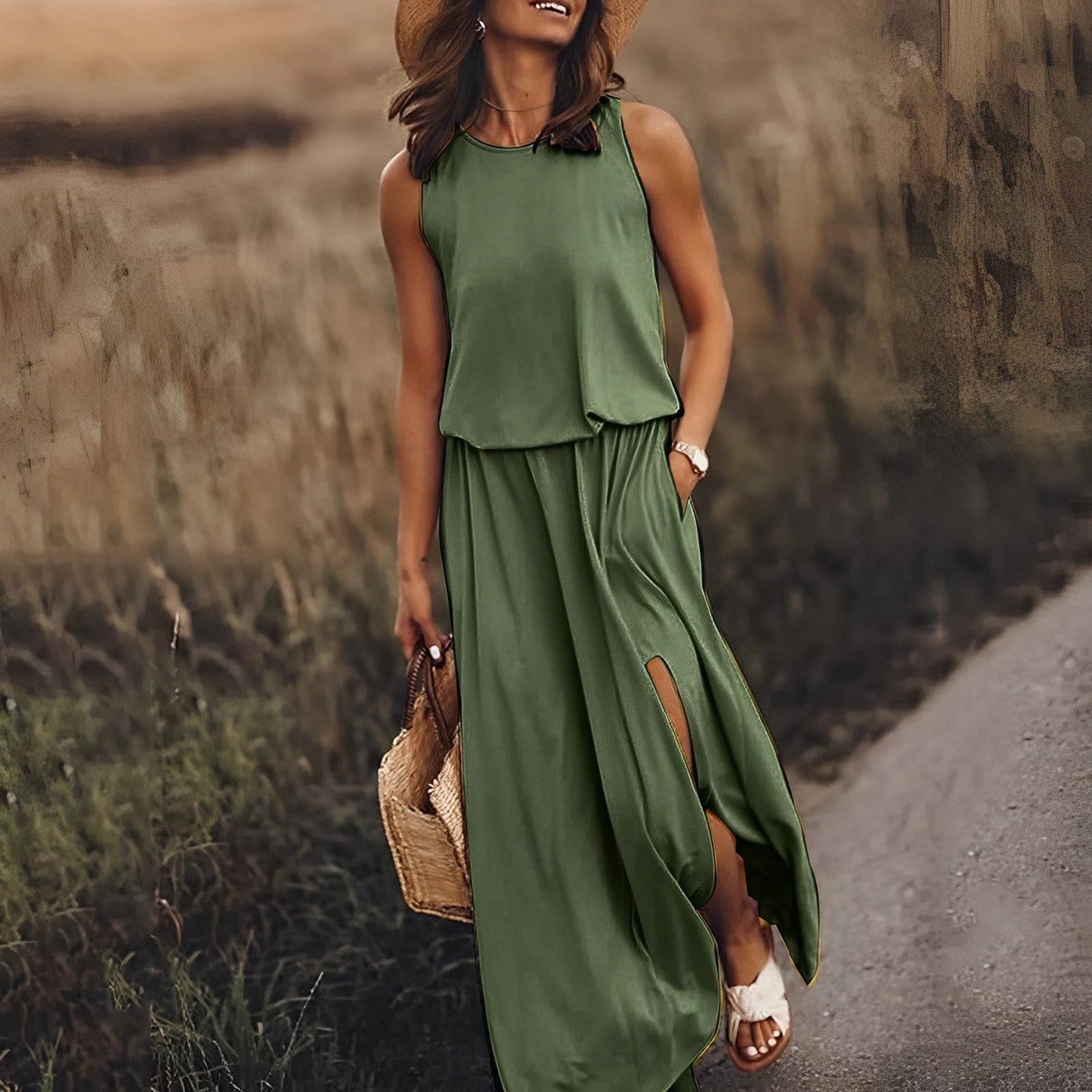 Woman in a green dress walking on a path with a blurred natural background