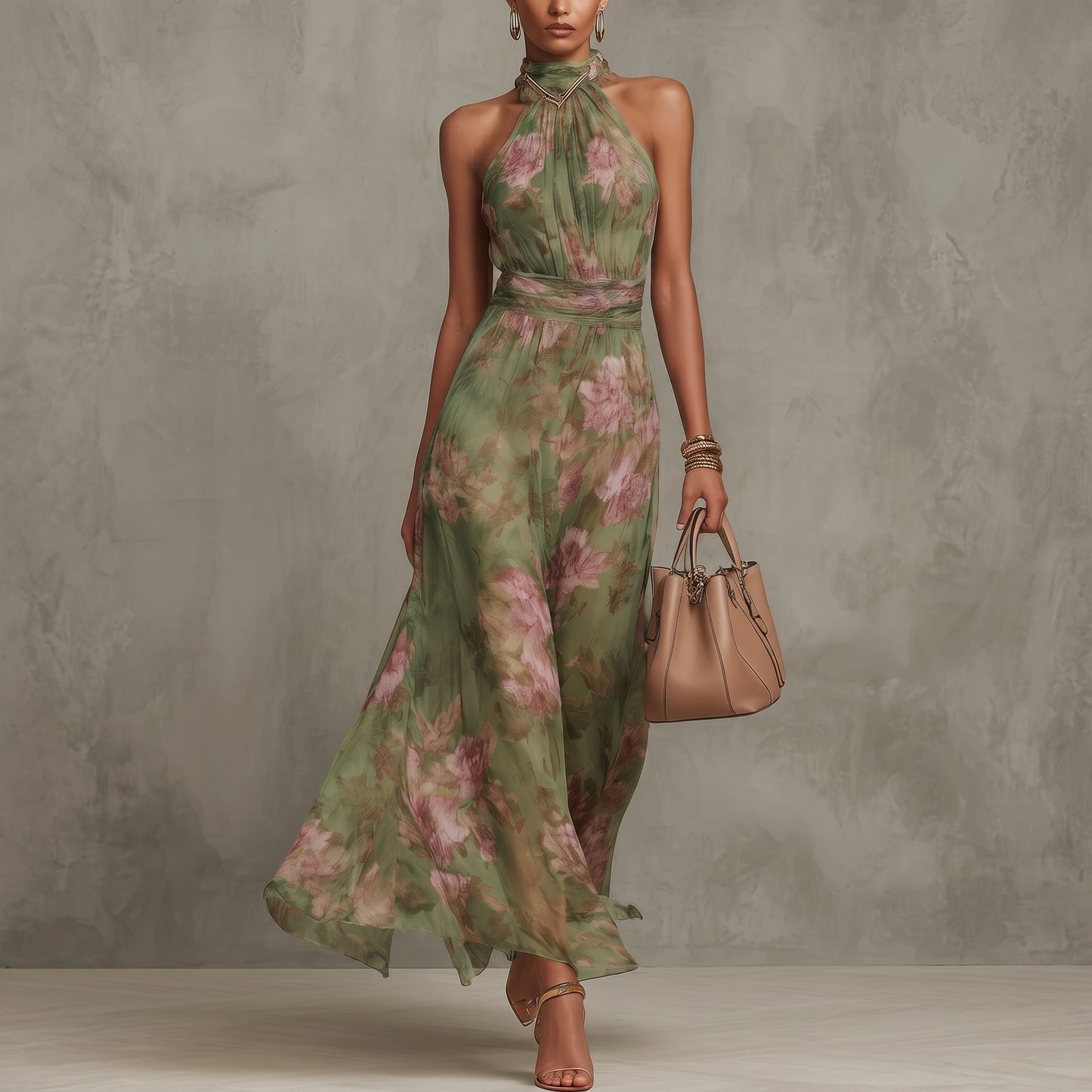 Elegant Floral Halter Neck Maxi Dress for Women