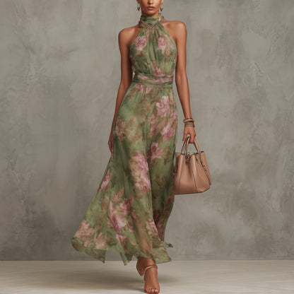 Elegant Floral Halter Neck Maxi Dress for Women