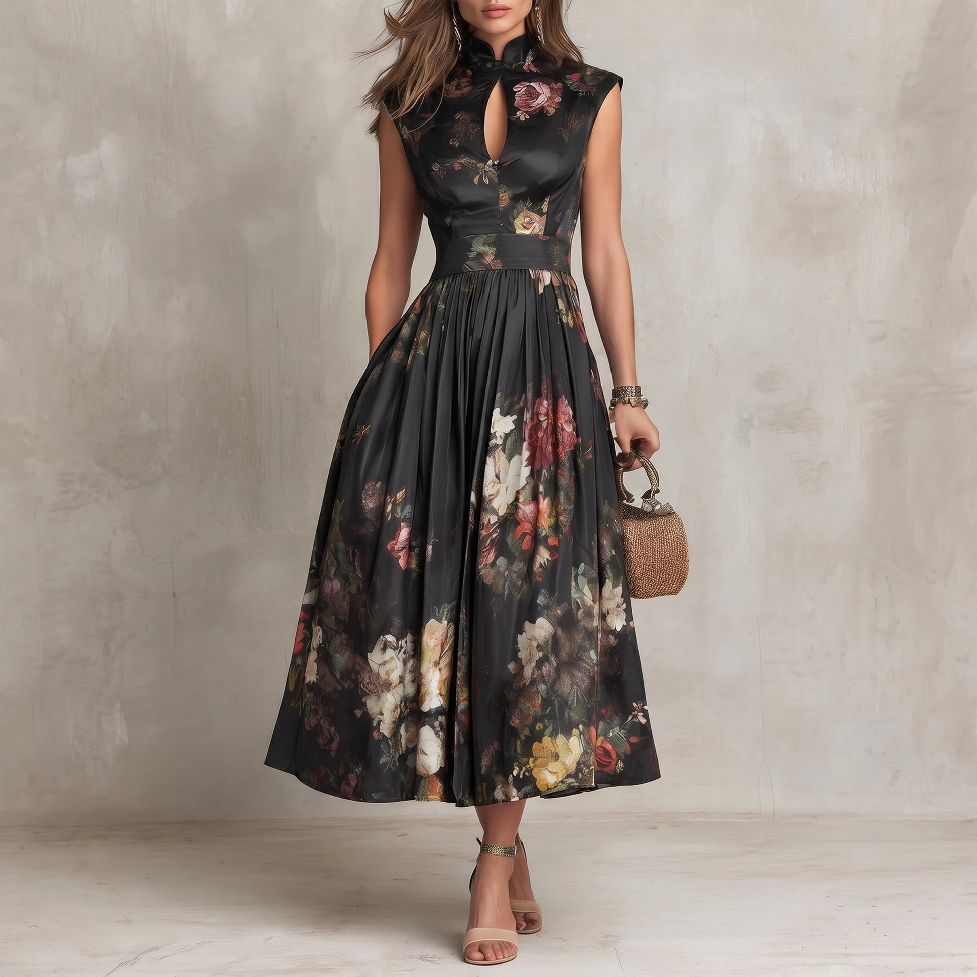 Woman wearing a black floral dress holding a small handbag against a neutral background