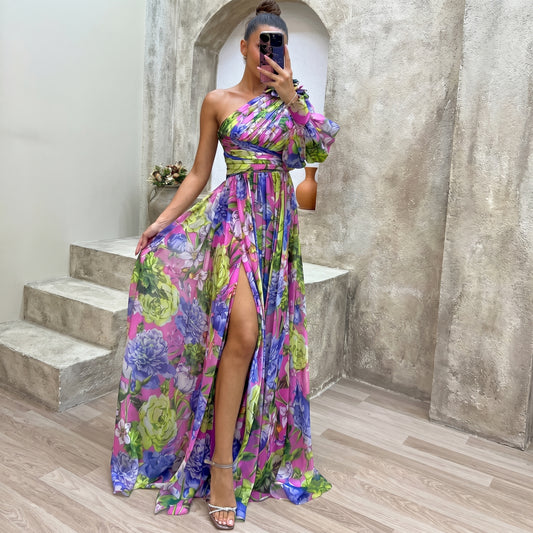 Floral Flowy One-Shoulder Maxi Dress for Women