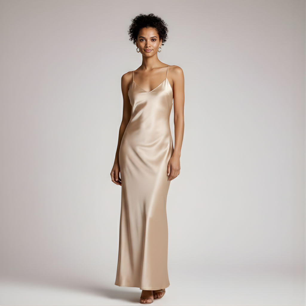 Woman wearing a long, beige satin dress against a plain background