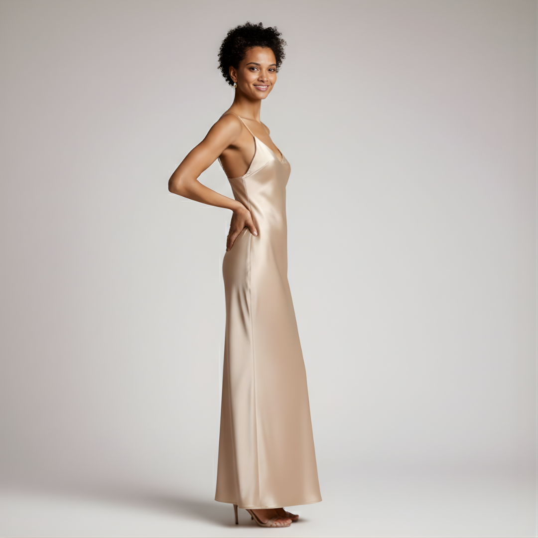 Woman wearing a long, light-colored satin dress against a plain background