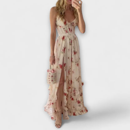 Woman wearing a floral dress with a white background