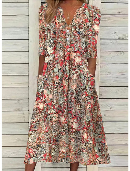 Elegant Floral V-Neck Everyday Midi Dress for Women