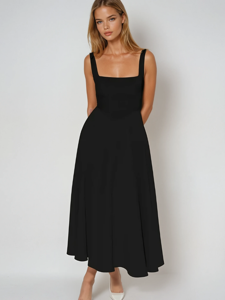 Woman wearing a black dress against a white background