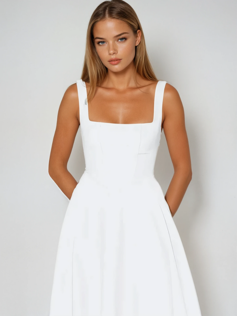 Woman wearing a white dress against a plain background
