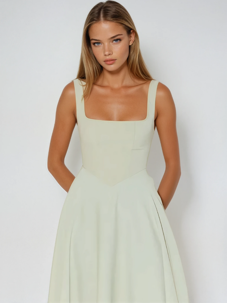 Woman wearing a light green dress against a white background