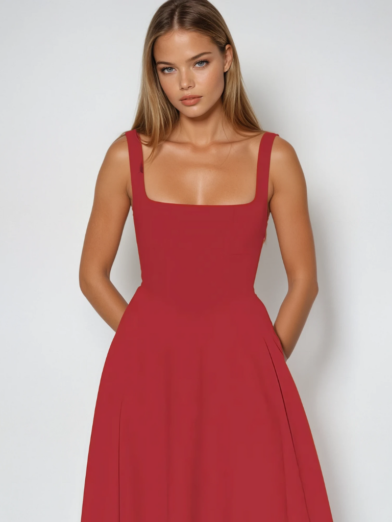 Woman wearing a red dress against a plain background