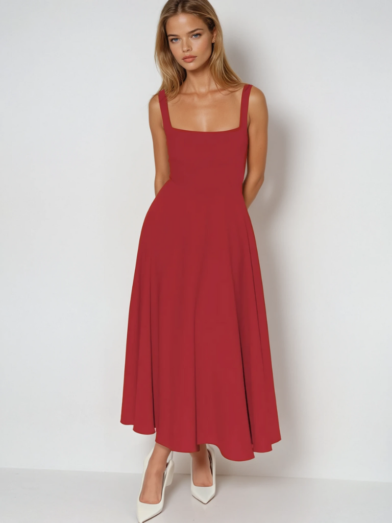 Red dress worn by a model on a white background