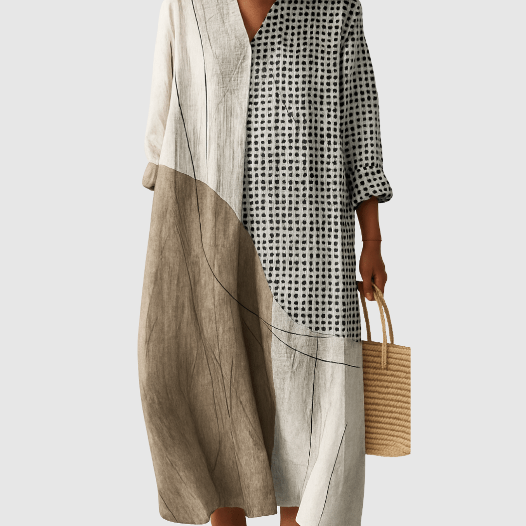 Person wearing a layered outfit with a checkered shirt, beige skirt, and holding a woven bag on a white background