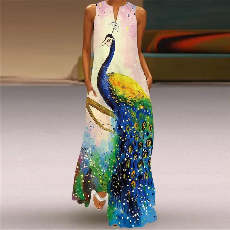 Woman wearing a colorful dress with a peacock design.