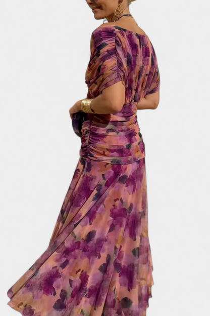 Woman wearing a floral dress with a white background