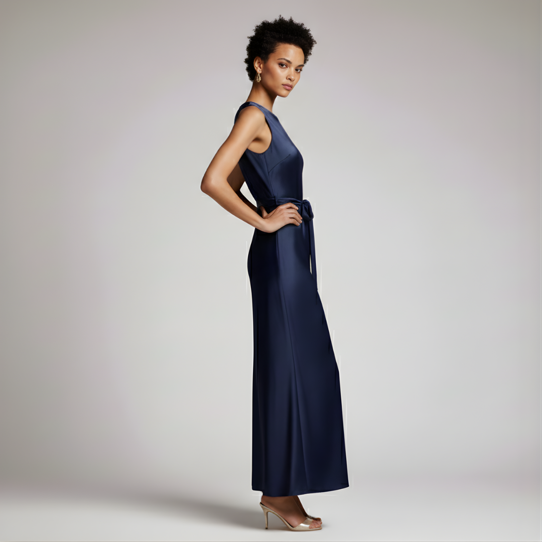 Woman wearing a navy blue dress against a plain background