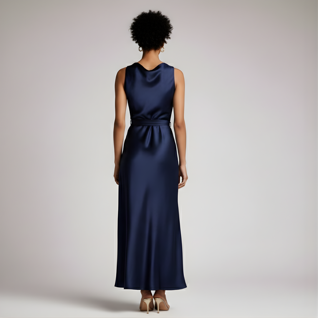 Woman wearing a navy blue dress with a bow detail on a plain background
