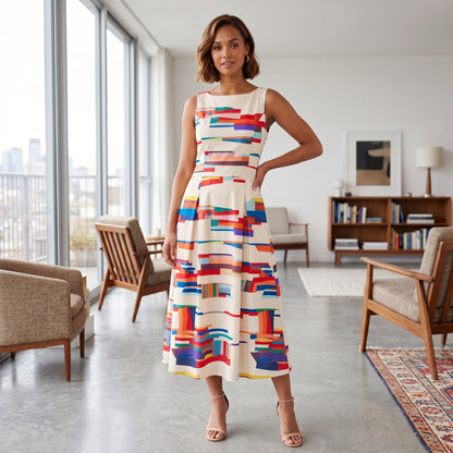 Woman in a colorful dress standing in a modern living room.