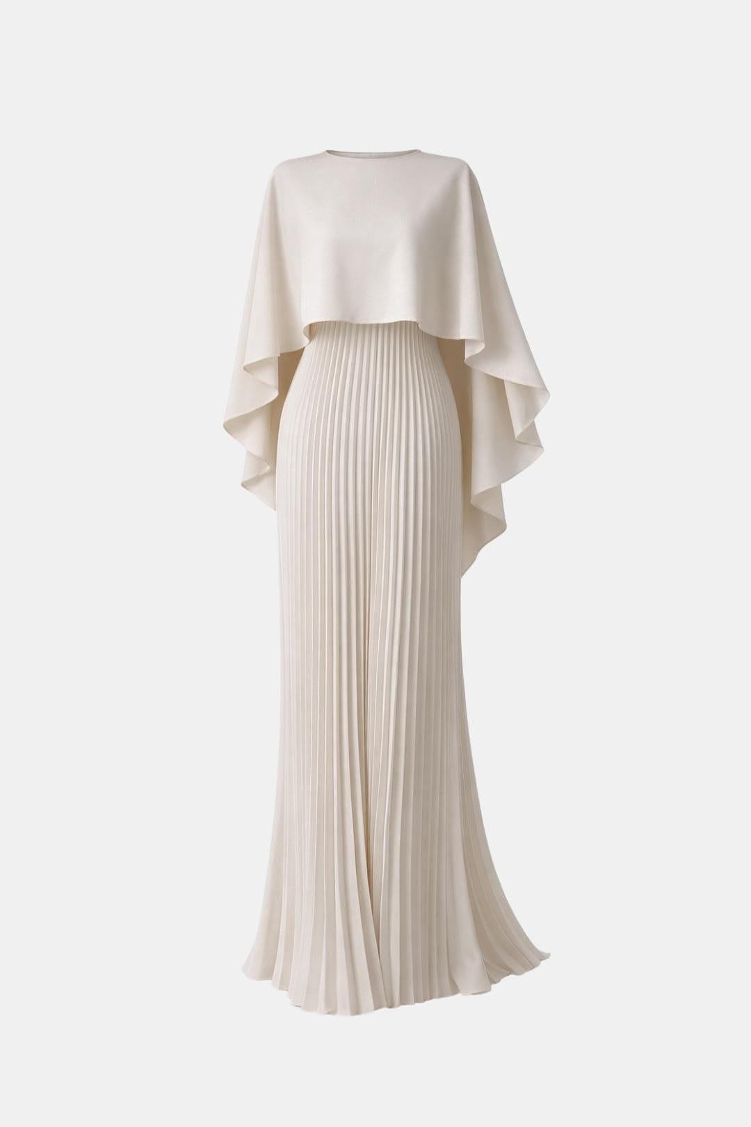 White evening gown with a draped top on a white background