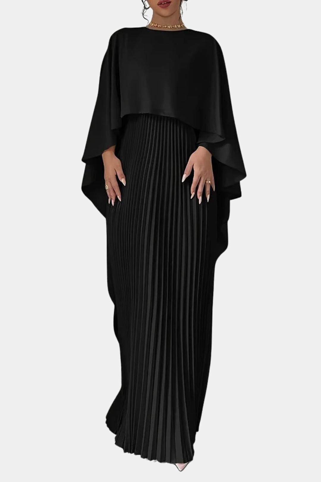 Black pleated dress with a draped top on a white background